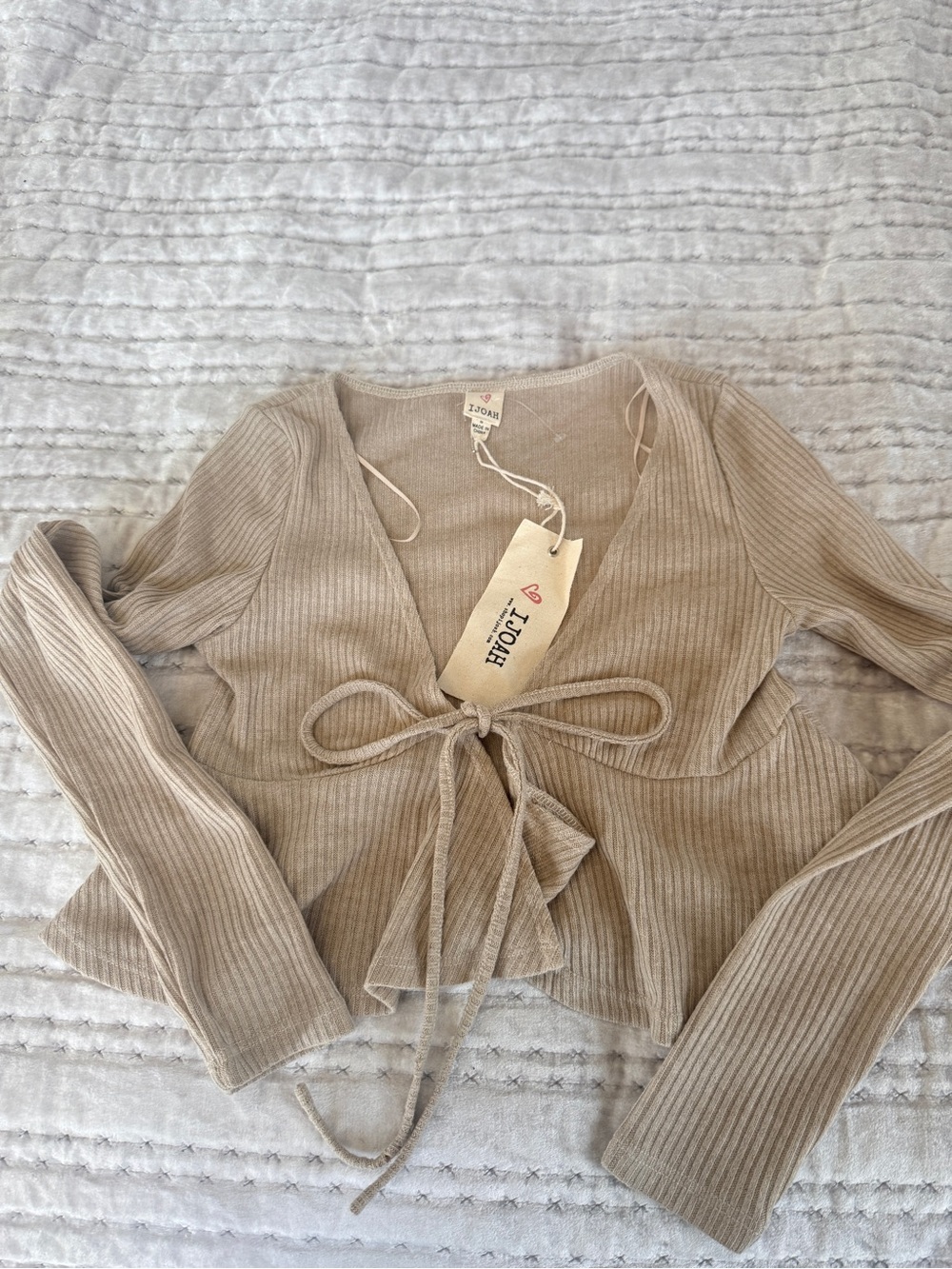 New Ribbed Tie-Front Long Sleeve Cardigan Tan/Beige Size S